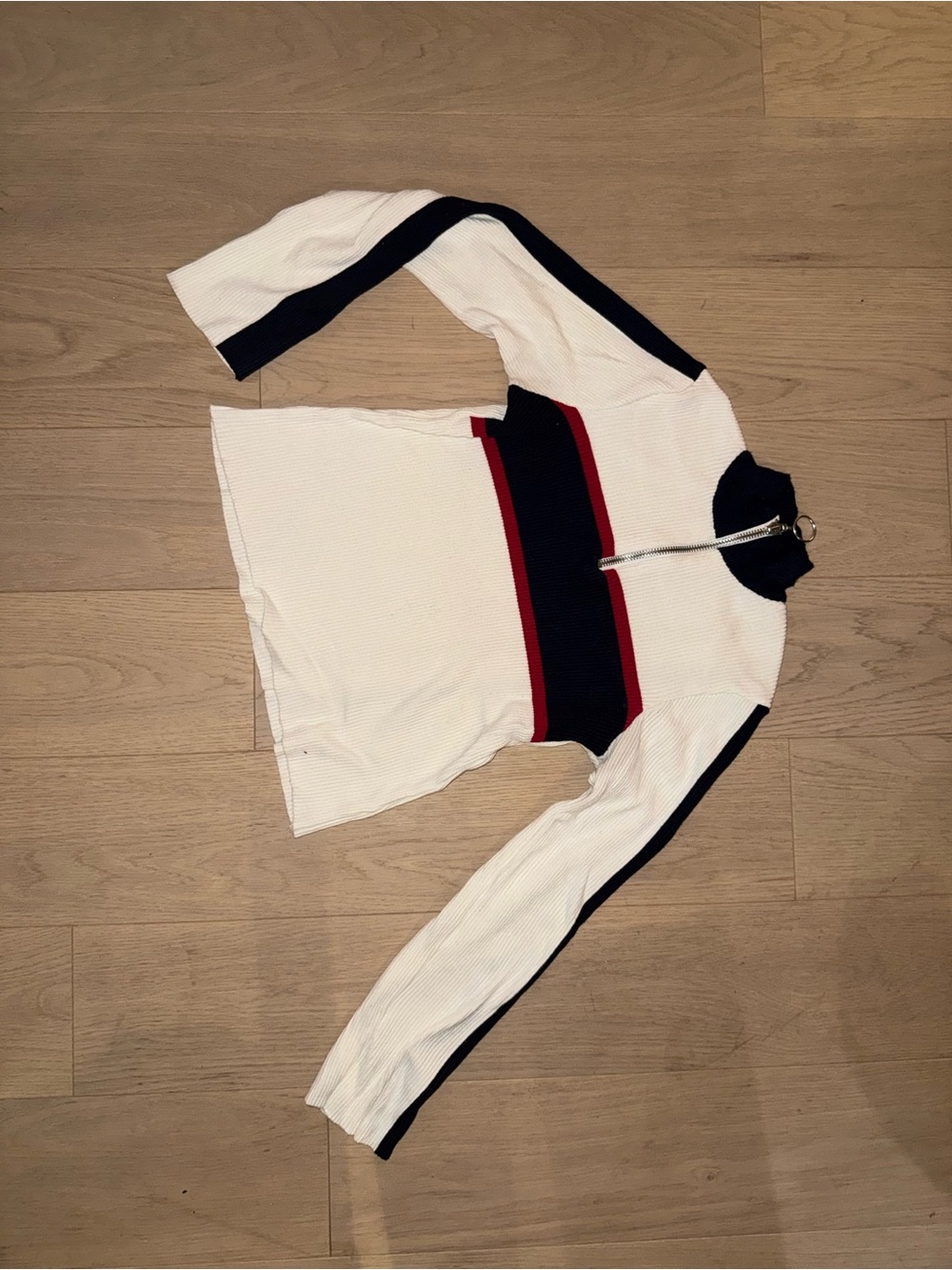 Women's White Long-Sleeve Ribbed Top with Navy and Red Stripes